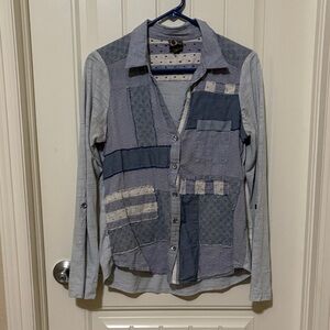 Anthropologie One September Patchwork Button-Up Shirt in Soft Blue Tones